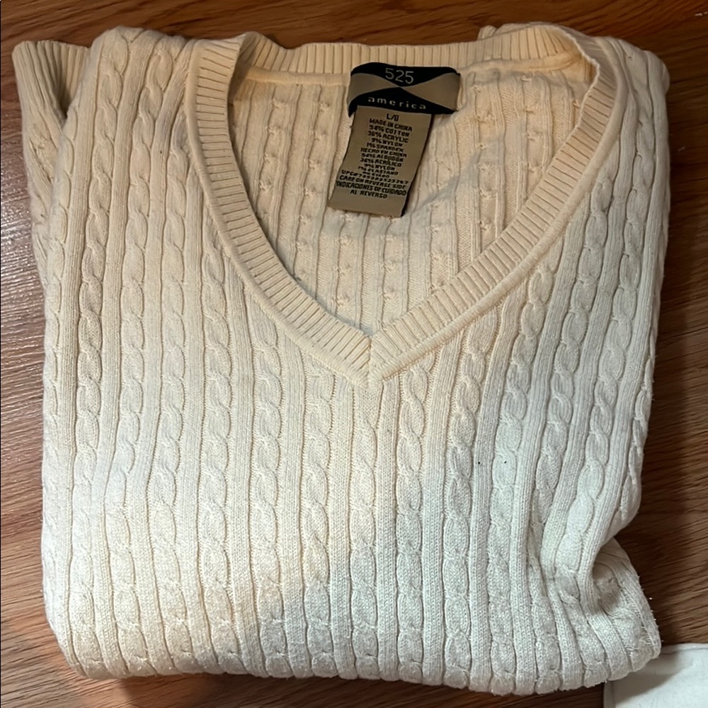 525 America Cream V-Neck Cable-Knit Sweater